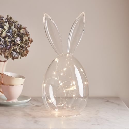 Lights4fun 29cm Clear Glass Easter Bunny Display Bell Jar Dome Cloche Decoration with 20 Warm White LEDs Battery Operated Micro String Fairy Lights