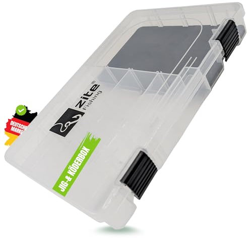 Zite Fishing Köderbox für Jigs & Kunstköder | Flache Box mit EVA-Schaumeinlage | 4 Längsfächer & 1 Hauptfach | 27,5x18,5x4,5cm Sortierbox | Angelbox Haken, Kunstköder, Terminal Tackle Zubehör & Mehr