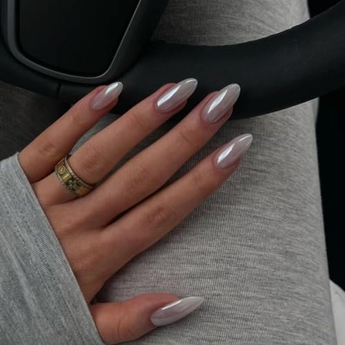 24pcs Almond False Nails - Aurora White French Nails - Medium Length - 12 Sizes - Chrome Finish - Full Cover Stick-on Nails for Women and Girls - Daily Wear