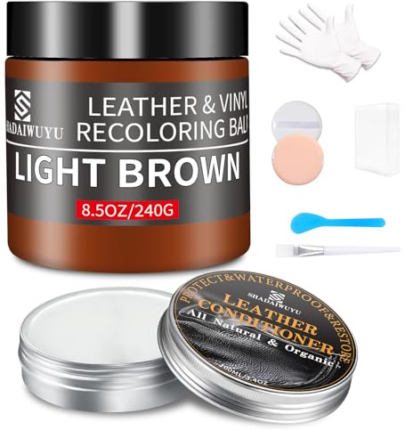 SHADAIWUYU Hellbraun Leder Reparatur Set mit Lederfett(100ml),Lederpflege Auto,Flüssigleder,Lederfarbe,Kunstleder Reparaturset zum Reparieren von Sofas,Vinylmöbeln,Autositz,Sattel bei Verblassen