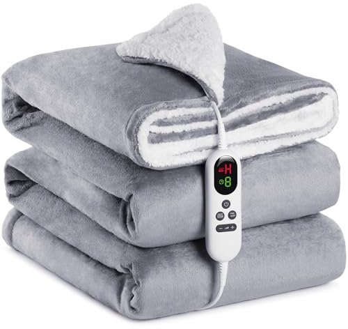 Heizdecke mit Abschaltautomatik, 130x160cm, 10 Heizstufen Up-to-9 Stunden Auto-Off-Timer Überhitzungsschutz, Elektrische Wärmedecke Bett Decke ETL-Zertifiziert für Home & Office Flanell Waschbar, Grau