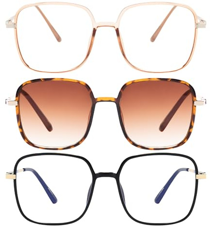 EYEGLSMST 3er-Pack Übergroße Lesebrillen für Damen mit Lesesonnenbrille, Große Quadratische Blaulichtfilter Computerleser, Gross UV400 Getönte Sonnen-Leser