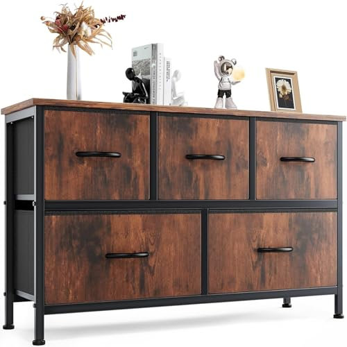 DUMOS Kommode mit Schubladen - Kommoden&Sideboards für Schlafzimmer Geeignet, Komodenschrank mit 5 Schubladen, Stoffkommode mit Stabilem Stahlrahmen, Ideal für Schlafzimmer, Wohnzimmer (Vintagebraun)