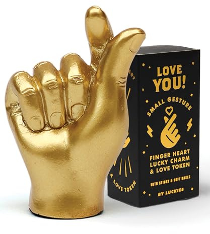 Luckies Golden Heart Finger Lucky Charm | Pocket-Sized Gold Good Luck Token in Elegant Black & Gold Box | Solid Mini Statue | Unique Ring Holder | Novelty Gift Room Decor or Desk Accessory