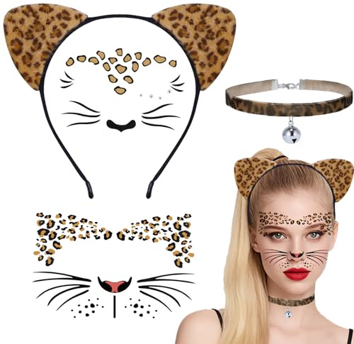 Xanthelle Leoparden Ohren, Haarreif mit Leopard Ohren & Halskette, Leopard Kostüm Zubehör für Damen Halloween & Cosplay Outfit