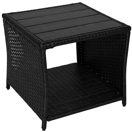 Relaxdays Balkontisch, HxBxT: 40 x 45 x 45 cm, wetterfest, Polyrattan, WPC, Stahl, eckiger Garten Beistelltisch, schwarz