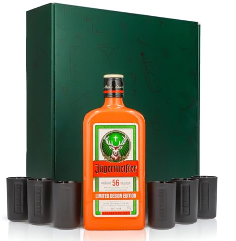 Sipply Geschenkset 7-teilig mit 6 Shotgläser Schwarz und 1 Flasche Jägermeister 0,7l Culture Orange 35,0% Vol. | mit Geschenkverpackung: Grün | Geschenk für Frauen Männer zu Weihnachten Ostern