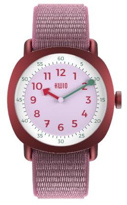 KWIO - TIKK Dahlia Kinderuhr I Analoge Lernuhr für Jungen & Mädchen I Quarz-Uhrwerk I Rotes Edelstahlgehäuse I Leicht zu wechselndes fliederfärbendes Klettarmband I Wasserdicht bis 5 ATM