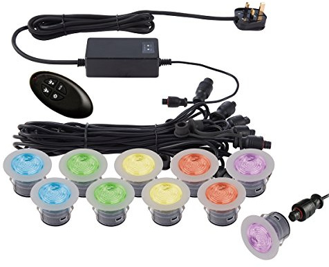 IKON PRO Pack of 10 Multi Colour (RGB) LED 45mm Round Stainless Steel Outdoor Garden Decking Pathway Kitchen Plinth Lights Kit - IP67