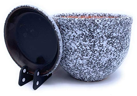 Pot de Fleurs en céramique émaillée avec Soucoupe Ronde en Terre Cuite avec bac d'égouttement Pot de Fleurs Standard (12 cm x 10 cm, Blanc/Noir)