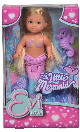 Simba 105733424 - Evi Love Little Mermaid, 2-Fach Sortiert, es Wird nur EIN Artikel geliefert, Evi als Meerjungfrau, bewegliche Schwanzflosse, mit Seepferdchen, 12cm Ankleidepuppe, ab 3 Jahren