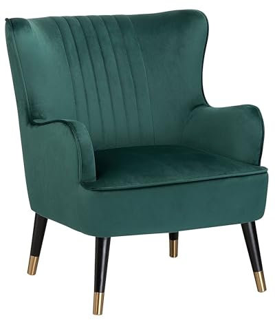 Beliani Glam Velvet Wingback Chair Channel Black Legs with Gold Emerald Green Varberg