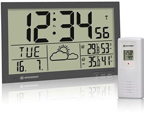 Bresser Wetterstation Funk mit Außensensor MyTime Jumbo LCD Wetter Wanduhr mit Außensensor und extra großen Ziffern für Tisch und Wandmontage, grau