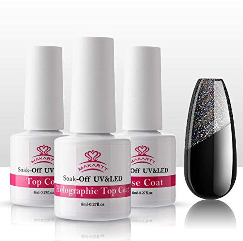 Makartt Gel Polish Glitter Top Base Coat, No Wipe Gel Top Coat and Glitter Top Gel Base Set Gel Nail Polish Glitter Shine Effect Long Lasting Soak Off, 3Pcs 8ml