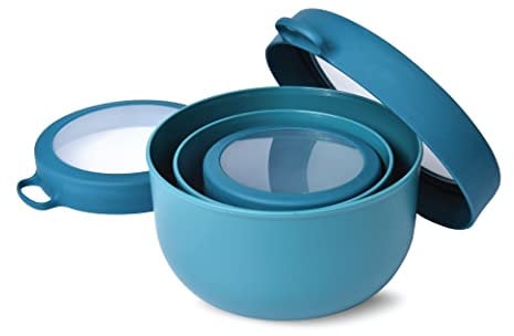 Hip Nesting Bowls - Set of 3-350ml/12oz, 700ml/24oz & 1.2L/41oz Capacity - Reusable and Portable Stacking Storage Containers with Clear Lids and Carry Handle - BPA Free & Recyclable - Jade