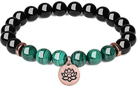 COAI Bracelet Tourmaline Noire Femme, Malachite, Breloque Or Rose, Fleur de Lotus