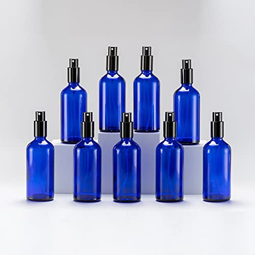 YIZHAO Flacon Spray Vide 100ml, Bleu Bouteille Spray Verre, avec Brouillard de Pulverisateur Fine, pour Huiles Essentielles, Aromathérapie, Parfums, Nettoyage, Voyage, Pharmacie – 9Pcs