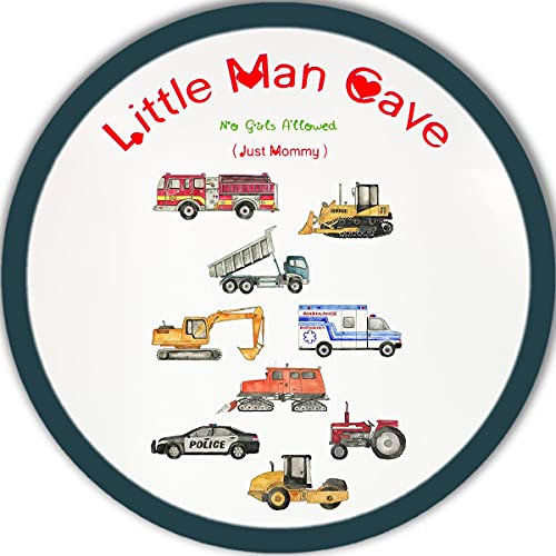 Dreacoss Lustiges Holzschild mit Aufschrift ''Little Man Cave Boys Cars'' in runder Form für Schlafzimmer, Türschild, Polizeiauto, Wandschild für Ingenieurfahrzeuge, Wanddekoration für Jungen,