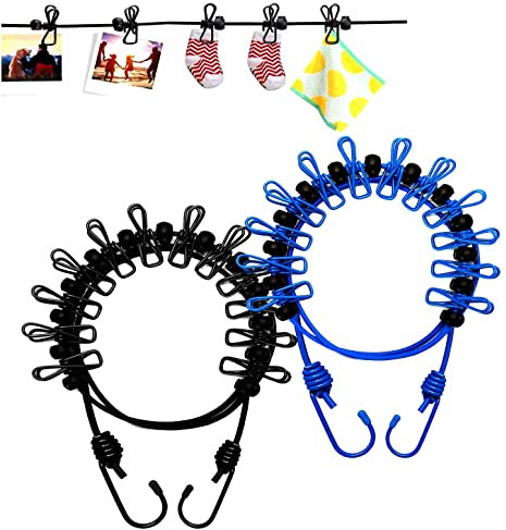 BanYakong Tragbare Wäscheleine, 2 Stück mit 12 Wäscheklammern, winddicht, für Reisen, Camping, einziehbar, elastisch, Wäscheleine für Garten, Hotel, Außen- und Innenbereich (schwarz + blau)