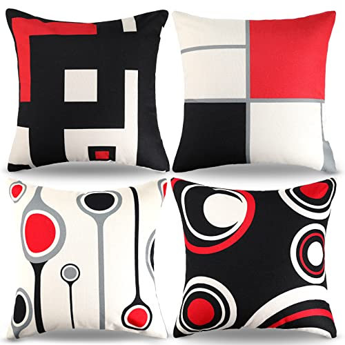 Kissenbezug 40x40 Geometrische Muster 4er-Set Dekorative Zierkissenbezug Rot Schwarz Abstrakte Punkt Dekoration Kissenhülle Leinen Kissen 4er Set Haus Dekoration Outdoor Kissenbezug für Schlafzimmer