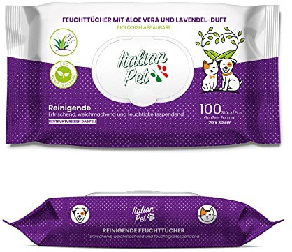 Italian Pet biologisch abbaubare Aloe Vera und Lavendel - Feuchte Reinigungstücher zur Reinigung von Pfoten, Schnauze und Haaren von Hunden, Katzen, Kaninchen, Haustieren - 100 Einwegtücher, 20x30 cm
