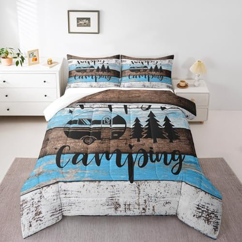 Bettwäsche-Set für Jungen und Mädchen, Motiv: Wohnmobil, volle Größe, Happy Camping, wildes Abenteuer, Bettwäsche-Set, Teenager, Schlafzimmer, Dekoration, Bauernhaus-Stil, Holz, Scheune, gebürstete