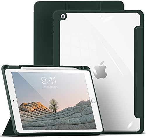 aoub Hülle für iPad 9. /8. / 7. Generation 2021 2020 2019, Smart Folio Hülle mit Stifthalter für iPad 9/8/7, Schutzhülle für i Pad 10,2 Zoll, Transparente Rückseite, Armeegrün