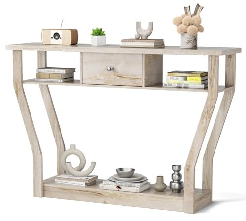 GOPLUS Table Console en MDF Anti-Bascule avec Tiroir et 3 Étagères, Console avec Base Stable et Durable, Idéal pour Salon, Chambre, Entrée,120 x 30 x 81 CM, Charge Max 50KG (Gris)