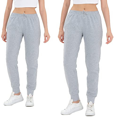 ROSS CAMP Jogginghose Damen - Sporthose Frauen Baumwolle, Trainingshose Fitness High Waist, Sweatpants Slim Fit Freizeithose Lang, Jogging Hose Laufhosen Modern 2erPack Grau/XL