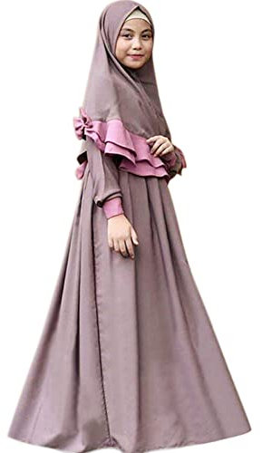 OBEEII Mädchen Gebetskleidung Kinder Muslimisches Islamische Abaya Langarmkleid mit Hijab 2 Stück Outfits Muslim Dubai Ramadan Corban Traditionelle Bekleidungssets Violett B 7-8 Jahre