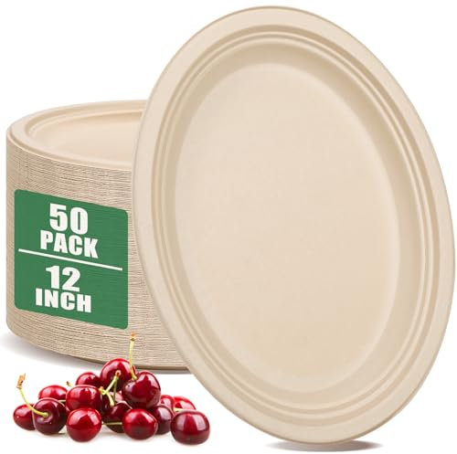 Paquete de 50 platos de papel ovalados, platos de papel 100% compostables, platos de papel de 12 pulgadas, resistentes, platos de papel desechables, bagazo natural, sin blanquear, ecológicos, platos