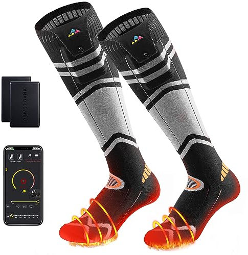 APP Beheizbare Socken mit Akku, 2X 5000 mAh, Beheizte socken APP, Heizsocken mit 3 Heizstufen, Socke Beheizt Elektrische Socken für Jagd, Skifahren, Home, Camping, Wandern (Schwarz + Grau, L)