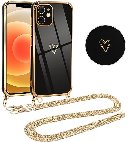Vauki Handykette für iPhone 12 Mini Hülle mit Band, Handyhülle mit Kette, Herz Motiv, Ultra Dünn Stoßfeste Aesthetic Case mit Kordel zum Umhängen für iPhone 12 Mini 5.4 Zoll, Goldene Metallkette