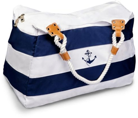 WildStage Strandtasche Damen groß mit Reißverschluss Badetasche beach bag Damen Shopper Saunatasche Reisetasche für Strand, Einkaufen Sport u. Arbeit 45 x 24 x 36 cm (Anker, blau/weiß)