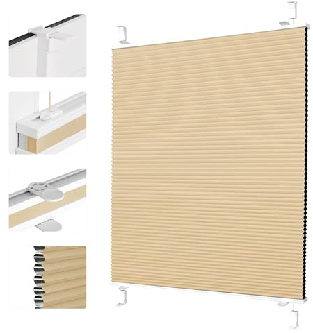 Grandekor Wabenplissee ohne Bohren Weiß-Beige 75x130cm (BxH) | Verdunklungsplissee Klemmfix Plissee ohne Bohren Verdunkelung Thermo Rollo Wärmedämmung, Privatsphäre - & Sonnenschutz