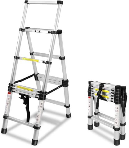 Aufun Teleskopleiter 1.7M+2M Ausziehleiter A-Rahmen 6 + 7 Stufen Aluminiumleiter Rutschfester Aluleiter Schiebeleiter Sprossenleiter Teleskop-Design Mehrzweckleiter max 150 kg Belastbarkeit