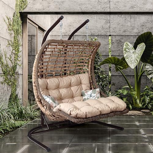 Alveon Hängesessel mit Gestell 2 Personen & Kissen Handgeflechtet Hängestuhl Rattan Hängematte Hängekorb Garten Balkonmöbel Hängeschaukel Bodrum Double (Hellbraun)