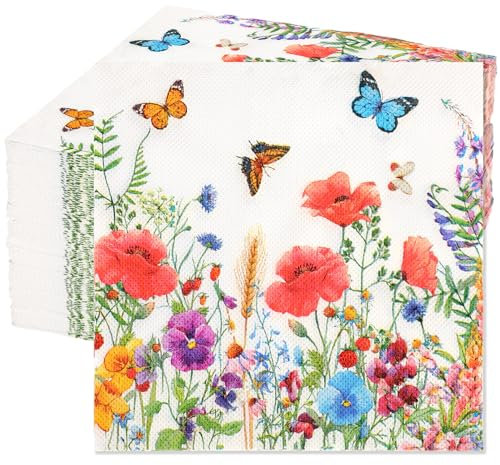 JULMELON Frühlingsblumen-Lunch-Servietten, Einweg-Servietten, Frühlingsblumen, Schmetterling, dekorative Servietten, Blume, Dessert, Cocktail, Getränke, Abendessen, Servietten für Babyparty, Party,