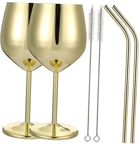 Cabilock 2 Set Di Bicchiere Di Vino Calici Di Vino In Metallo Cannucce Di Con Gambo Vino Dorato Tazza Di Vino In Metallo Jucie Shampain Occhiali Cannucce Da Viaggio Banchetto