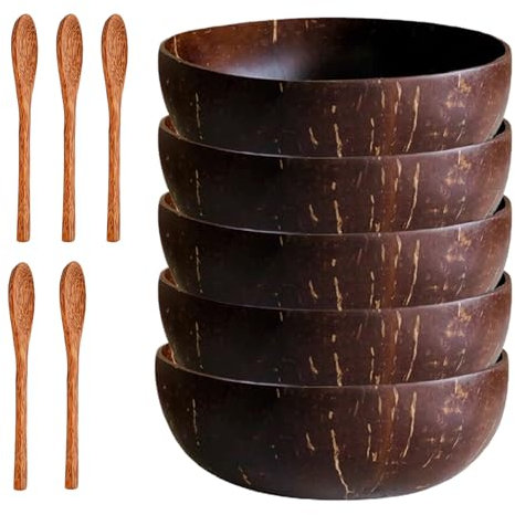 5Pcs Coconut Bowl Set Coconut Bowl & 5Pcs Spoons 5.1'' Polished Smoothie Bowl Eco Friendly Natural Acai Bowl Kitchen Decor Gifts for Vegan Organic Salad Polished Coconut Bowl and Wooden Spoons Set