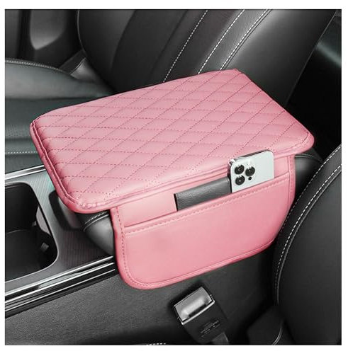 Coussin Accoudoir Voiture Amélioré,Coussin d’Accoudoir Voiture Universel avec Deux Poches,Accessoire Voiture Interieur Confort pour la Plupart des Voitures,Camions et SUV (Rose)