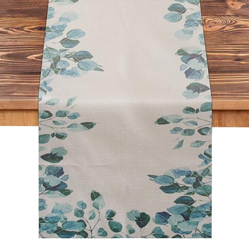 Fyshird Tischläufer Grün Eukalyptus Deko Tischläufer Modern Tischband Küche Tischdeko Table Runner Outdoor Deko für Esstisch Hochzeit Geburtstag Draußen Drinnen - 40*145cm