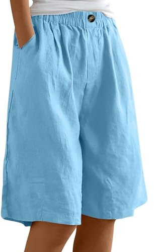 HOOUDO Womens Summer Cotton Linen Shorts Elastic Waist Knee Length Bermuda Shorts Loose Casual Hot Pants Wide Leg Beach Trousers Shorts with Pockets Sale Items Today Blue