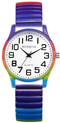 JewelryWe Damenuhr Regenbogen Elastische Uhr: Boho LGBTQ Gay & Lesbian Pride Analog Quarz Armbanduhr Damen Stretch Armband Lässige Uhr mit Edelstahl Zugarmband & großen Zahlen Zifferblatt