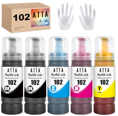 ATTA 102 Tintenflasche Ersatz für Epson 102 Ecotank 102 Kompatibel mit Epson ET-2700 ET-2750 ET-2751 ET-2756 ET-3700 ET-3750 ET-4850 ET-4750 ET-15000 ET-4856 Nachfüllset für Druckertinte (B) K/C/M/Y