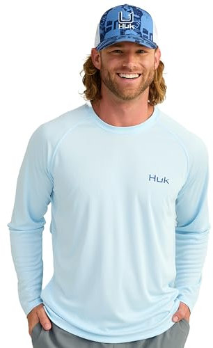 HUK Herren Standard Pursuit Patterned Crew Performance Fishing Langarm Shirt Ice Water