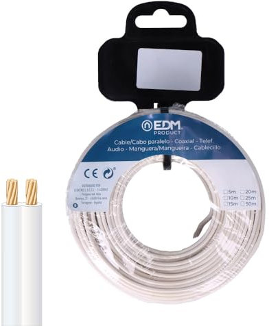 Carrete de cable paralelo 2x1mm blanco 5m, ideal para conexiones de audio y proyectos eléctricos.