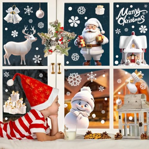 QRTDXP 9 Sheets Christmas Window Stickers for Xmas Party Decoration,White Reindeer Snowman Santa Claus Christmas Stereoscopic Window Clings for Window Door Display(Double-Side)