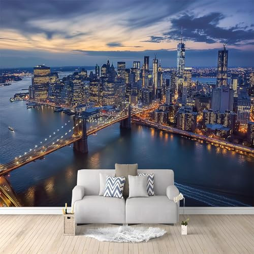 Papier Peint Panoramique 3D Murales New York Et Le Pont De Brooklyn Bleu Murale 3D Papier Peint Intissé Poster Décoration Fond De Mur Tv Salon Papier Peint Murales 200x140 cm