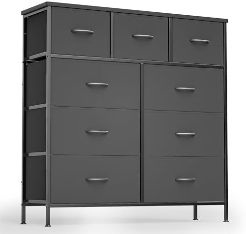 Xbro Kommode mit Schubladen, Kommode Schrank mit 9 Schubladen aus Stoff, Aufbewahrungsschrank für Kleiderschränke, Kommode Schlafzimmer für Schlafzimmer, Wohnzimmer, Diele (Dunkelgrau)